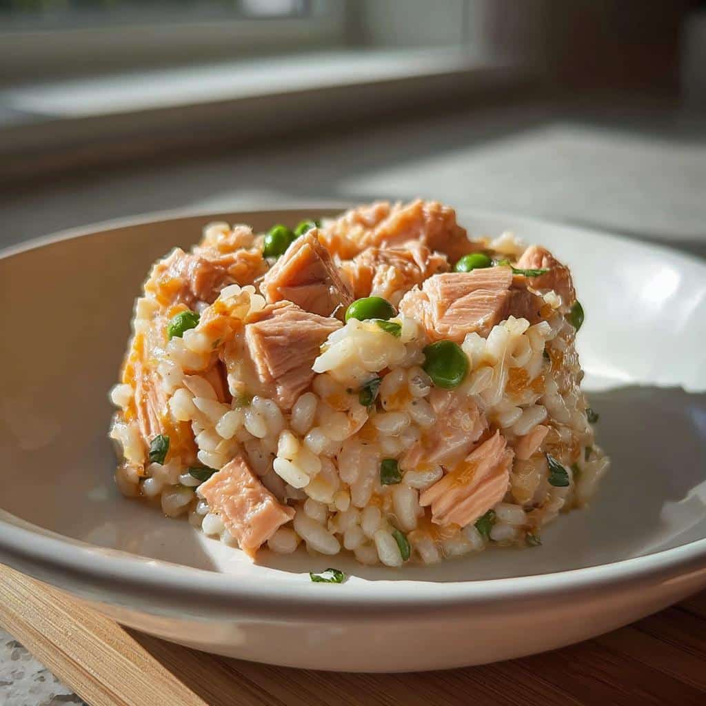 A molded serving of Salmon & Rice Mini-Batch Dog Food with chunks of salmon and green peas.