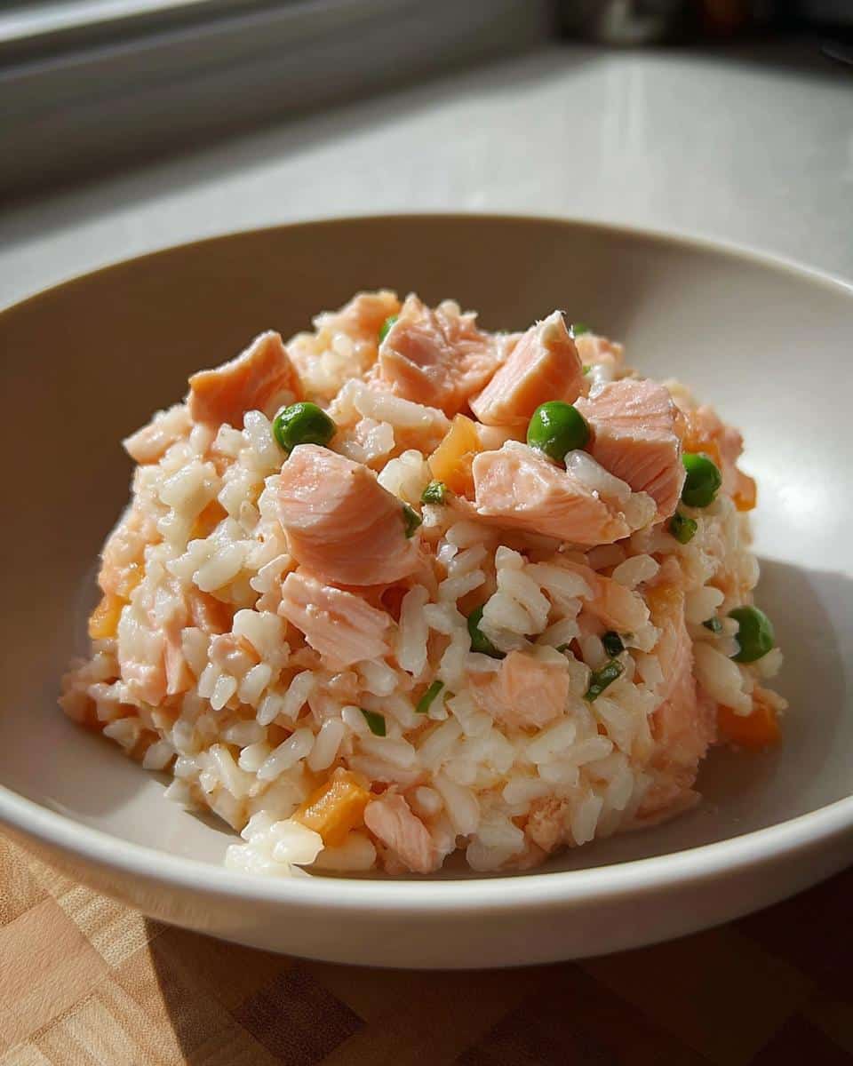 A small serving of Salmon & Rice Mini-Batch Dog Food with flaked salmon, white rice, and green peas in a light bowl.