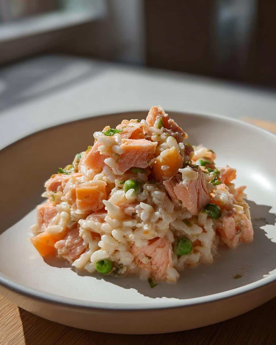 A small serving of Salmon & Rice Mini-Batch Dog Food with chunks of salmon, rice, and peas.