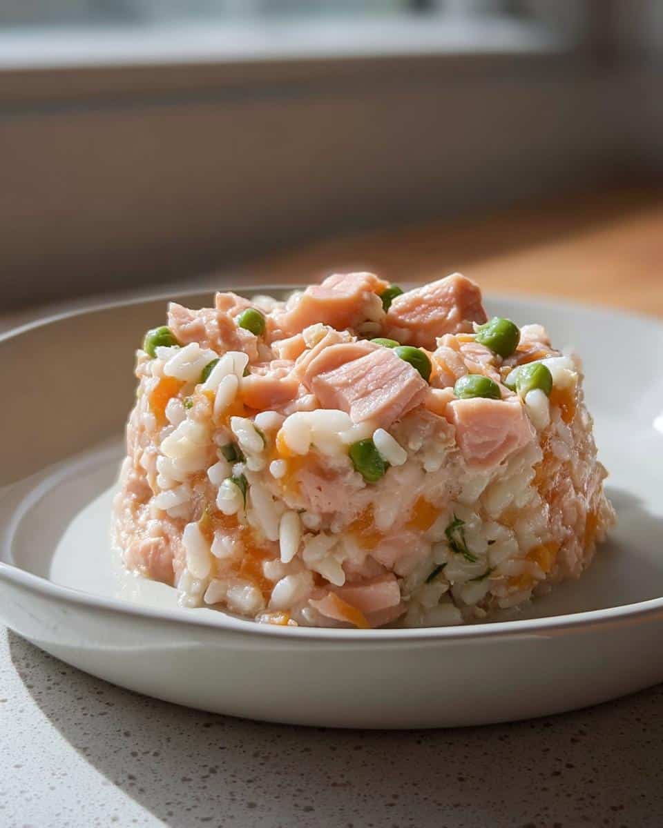 A molded portion of Salmon & Rice Mini-Batch Dog Food, featuring chunks of salmon, white rice, peas, and carrots.