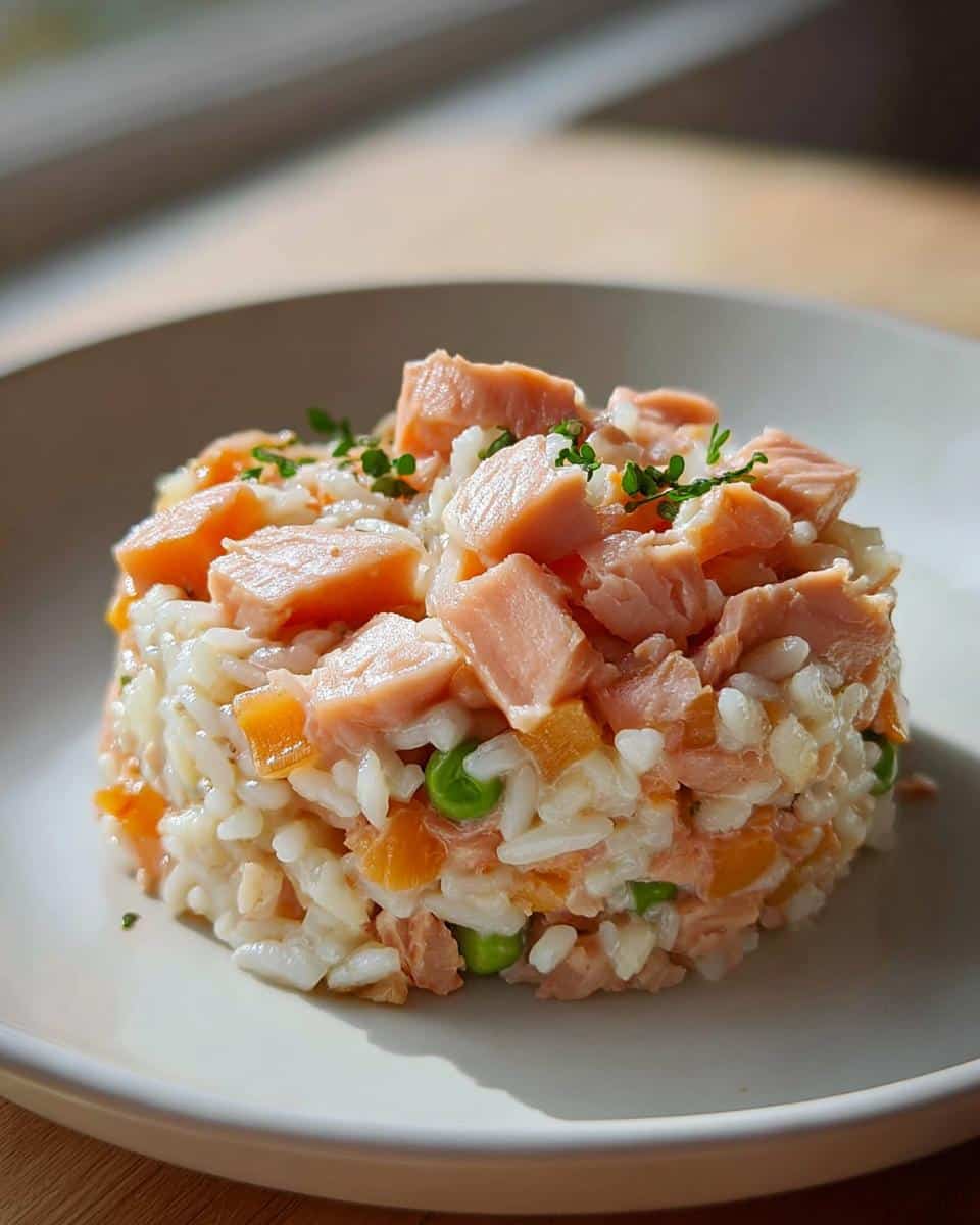 A small, molded serving of Salmon & Rice Mini-Batch Dog Food, showing chunks of salmon, rice, peas, and carrots.
