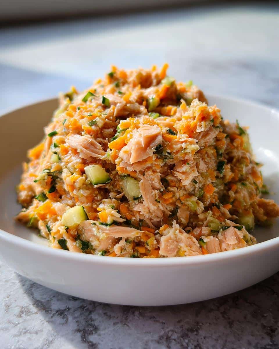 Close-up of shredded salmon mixed with grated carrots and diced cucumber for Homemade Dog Food Recipes Crockpot.
