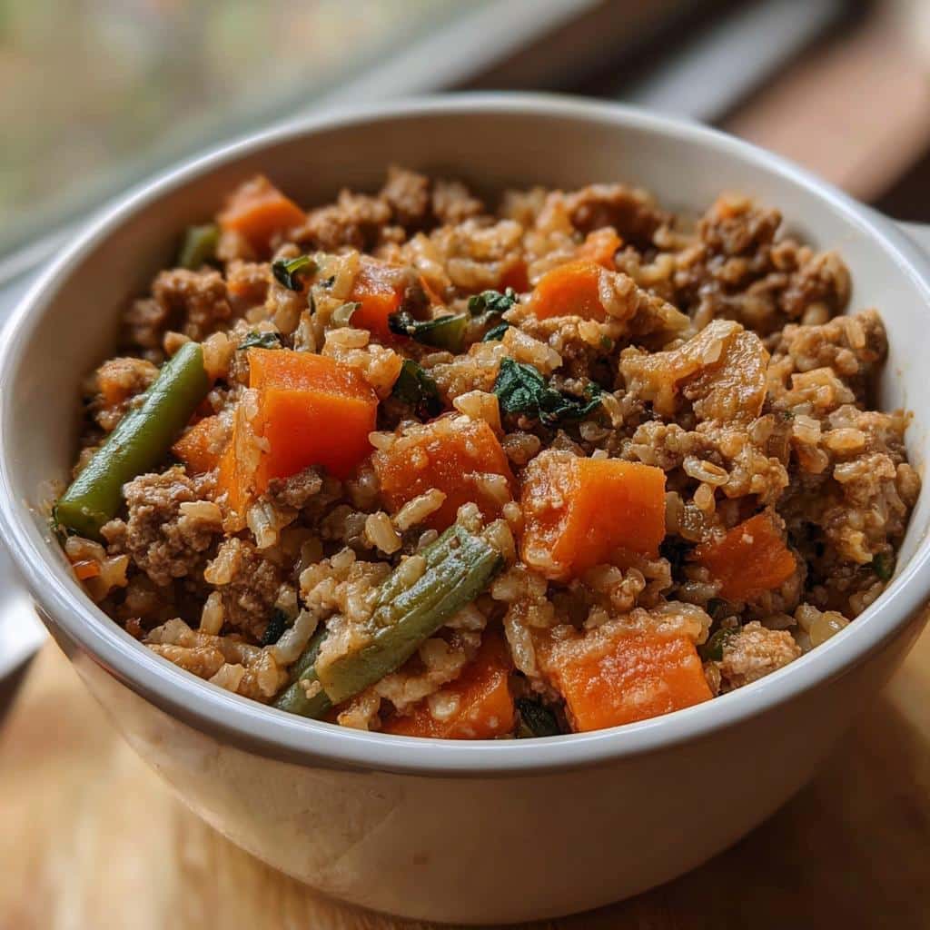 Close-up of a white bowl filled with homemade Slow Cooker Dog Food featuring ground meat, rice, carrots, and green beans.
