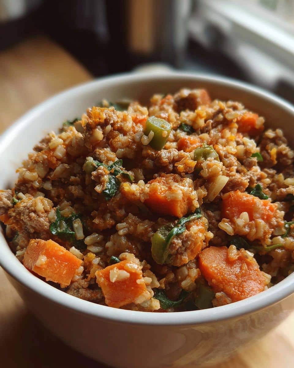Close-up of a white bowl filled with homemade Slow Cooker Dog Food featuring ground meat, brown rice, and chunks of sweet potato.
