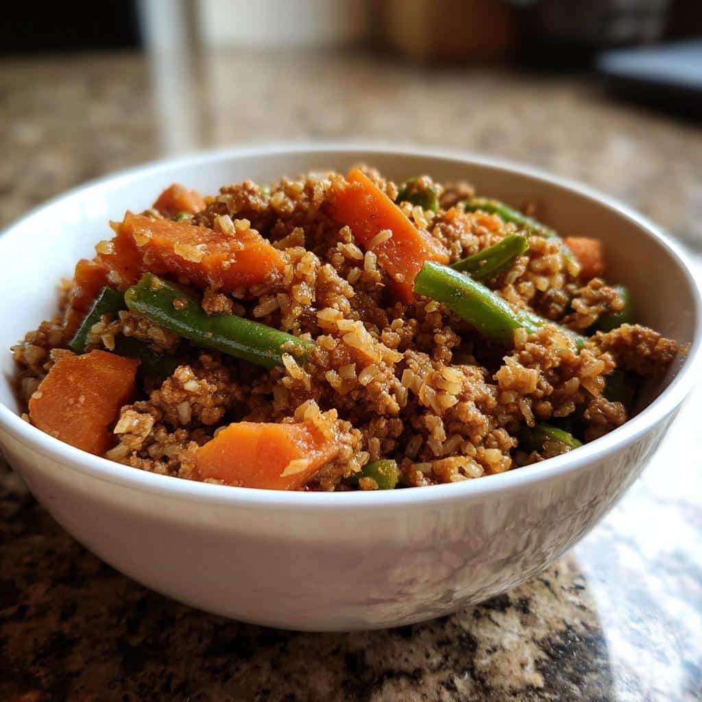 Close-up of a white bowl filled with homemade Slow Cooker Puppy Dog Food Recipe mix containing ground meat, rice, carrots, and green beans.