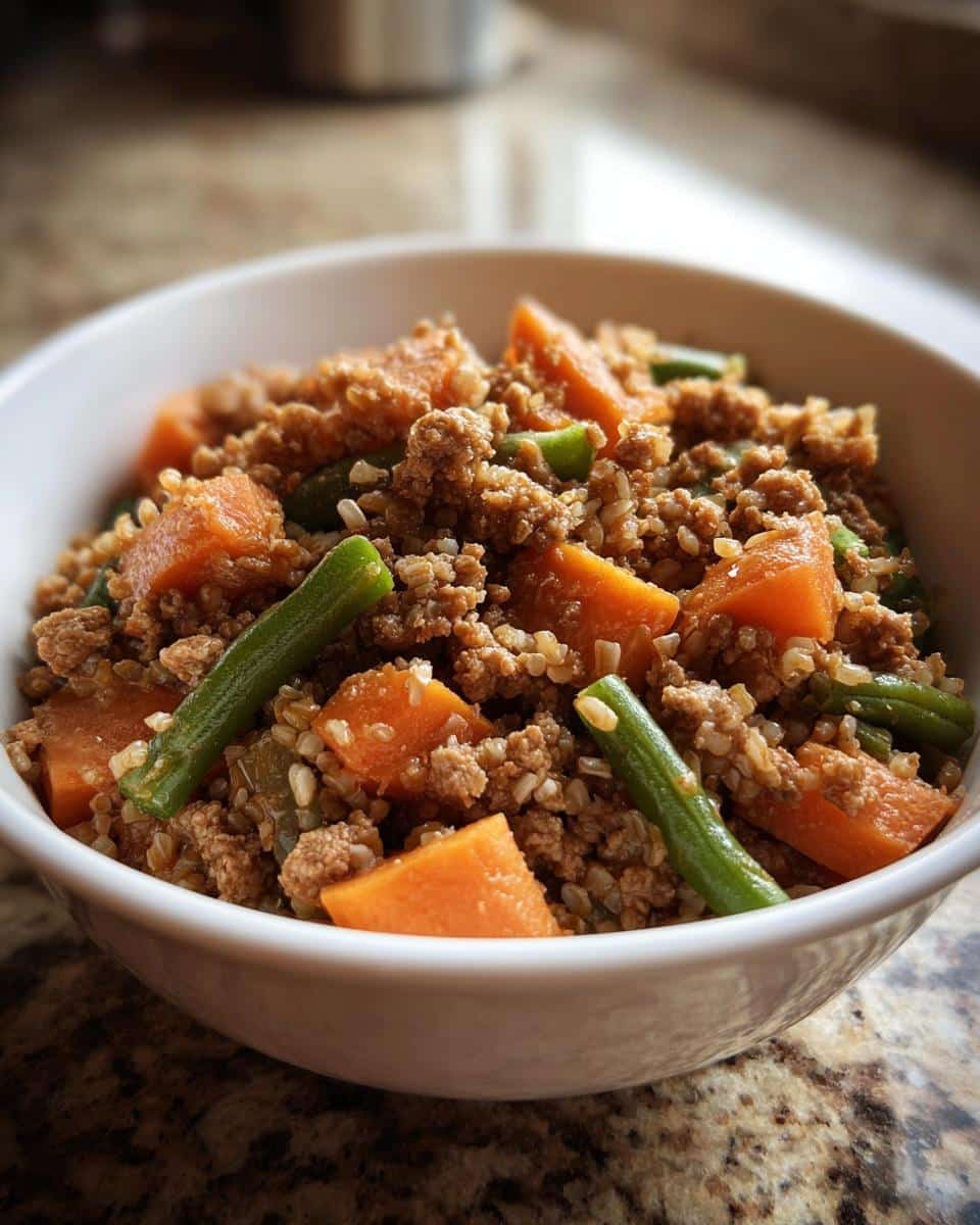 Close-up of a white bowl filled with Slow Cooker Puppy Dog Food Recipe mix: ground meat, brown rice, carrots, and green beans.