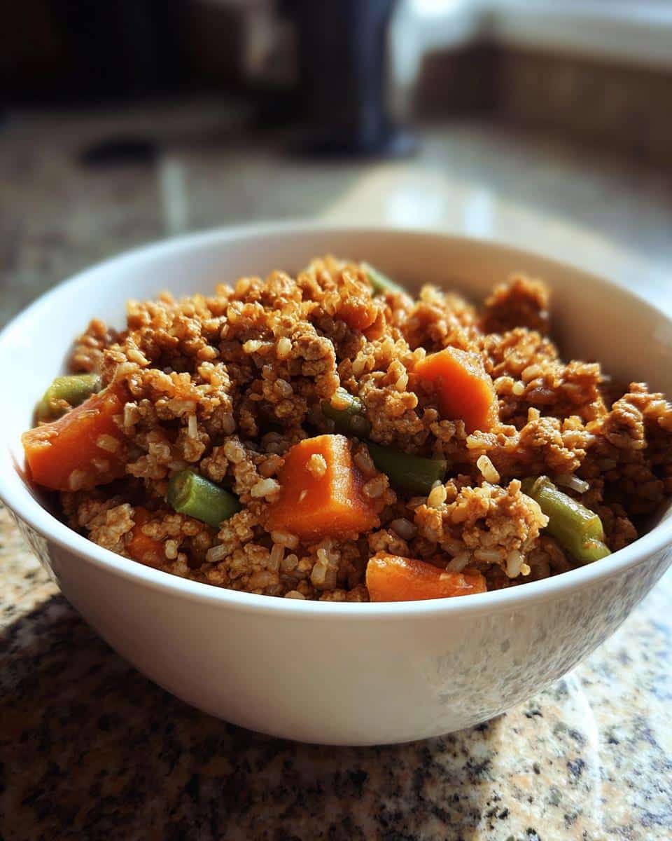 A white bowl filled with homemade Slow Cooker Puppy Dog Food Recipe mix, featuring ground meat, rice, carrots, and green beans.