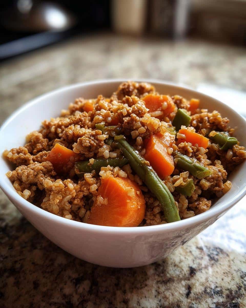 A white bowl filled with homemade Slow Cooker Puppy Dog Food Recipe mix, showing ground meat, brown rice, carrots, and green beans.