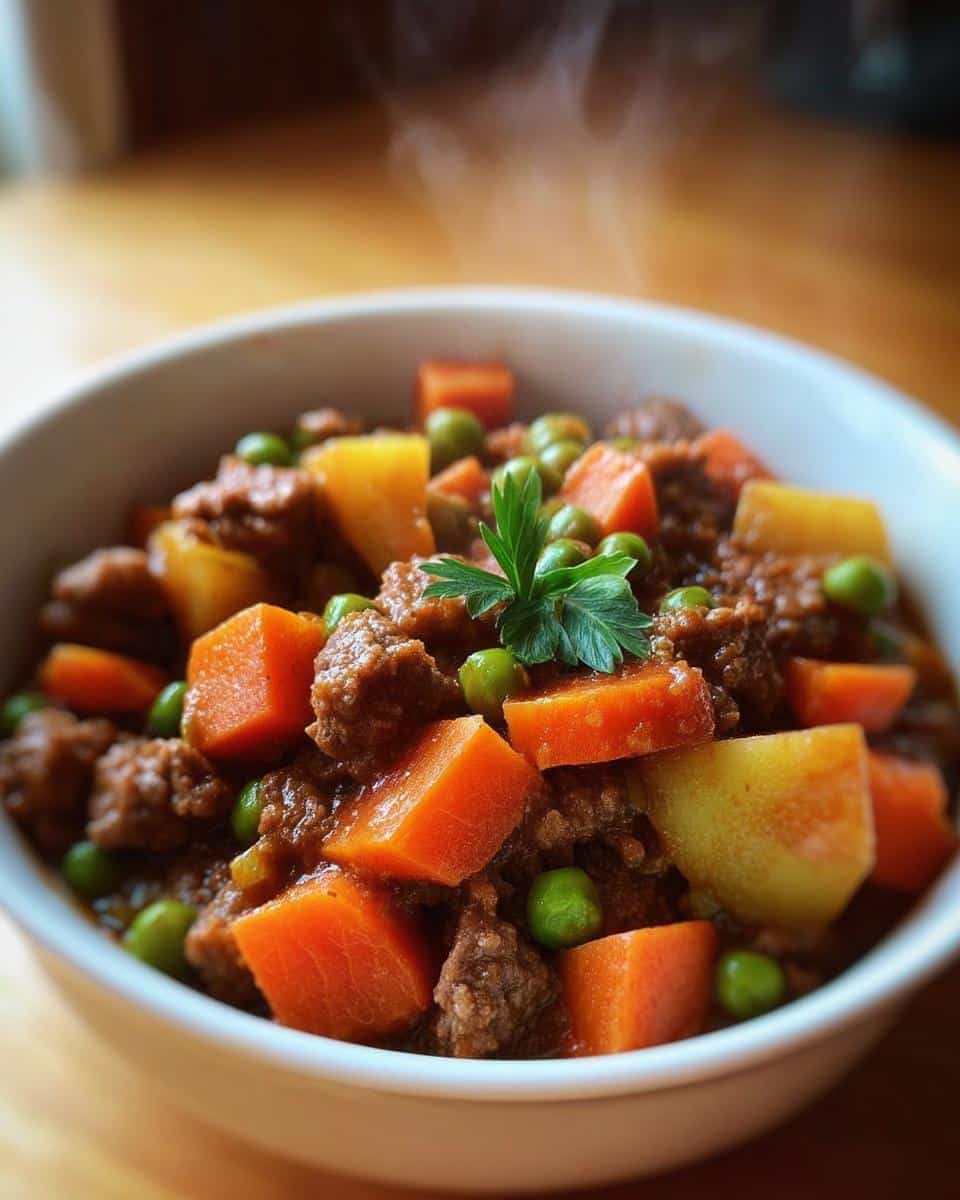 Close-up of steaming homemade dog food in a white bowl, featuring ground meat, carrots, and peas, perfect for Best Homemade Dog Food Recipes Crockpot for Small Dogs.