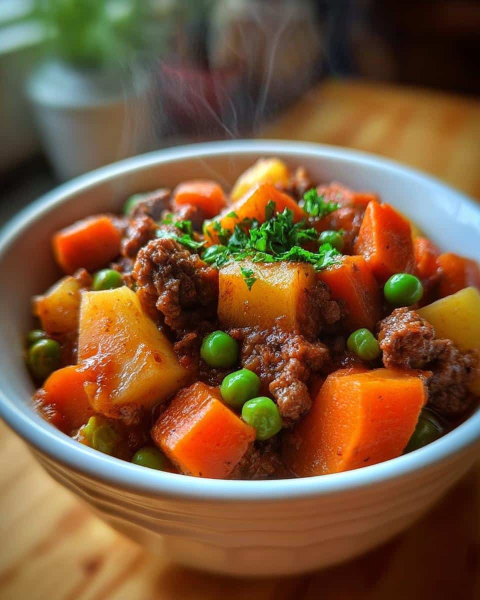 Close-up of steaming homemade dog food with ground meat, carrots, potatoes, and peas, perfect for Best Homemade Dog Food Recipes Crockpot for Small Dogs.