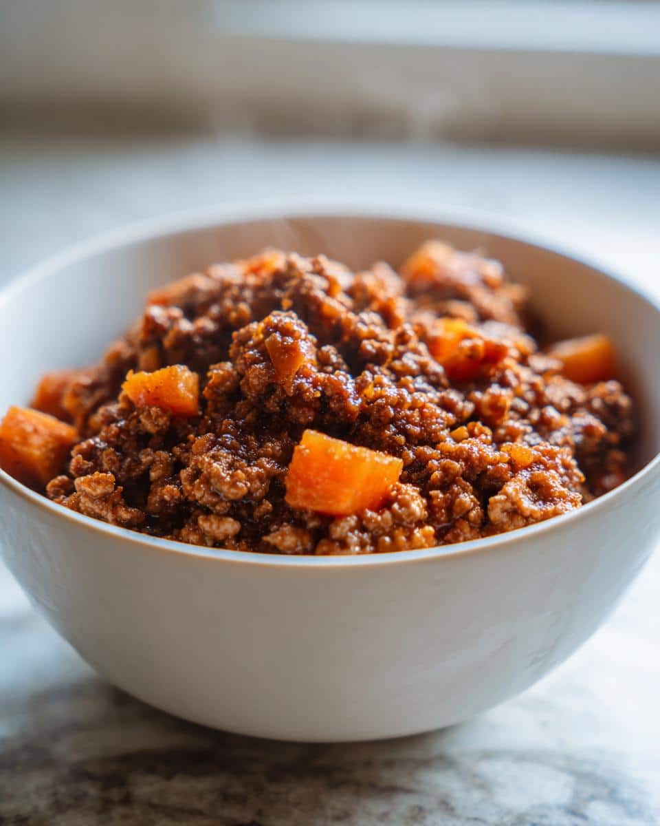 Close-up of steaming Venison & Apple Dog Food mixture, featuring ground meat and diced orange vegetables, served in a white bowl.