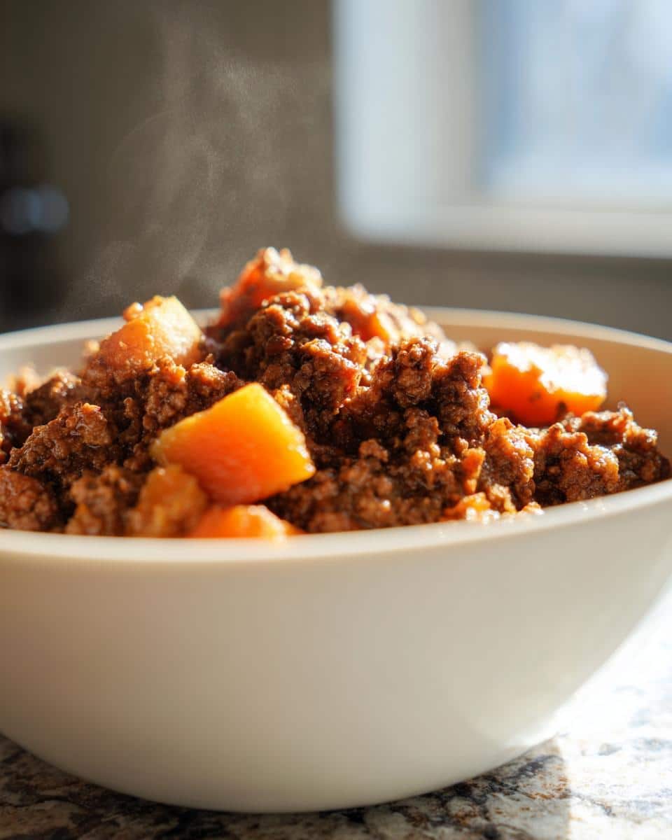 Close-up of hot, steaming Venison & Apple Dog Food mixture with chunks of orange sweet potato or apple in a light bowl.