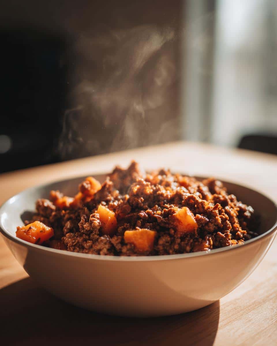 Close-up of steaming Venison & Apple Dog Food mixture with ground meat and diced orange pieces in a light bowl.