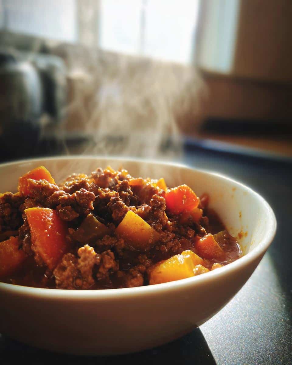 Close-up of a steaming white bowl containing ground meat and diced orange vegetables, representing Venison & Apple Dog Food.