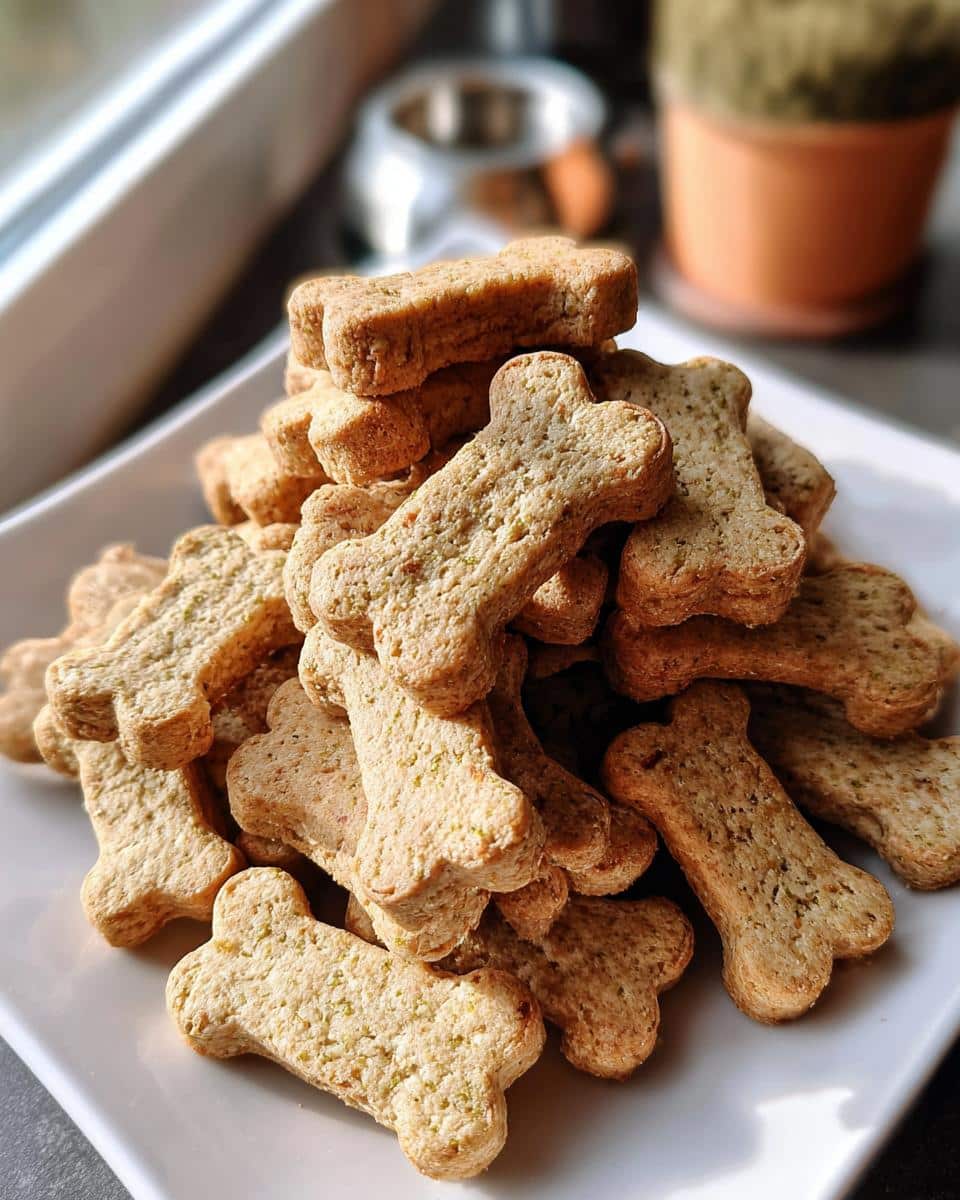 A large pile of homemade, bone-shaped Tasty Dog Treats With Simple Chicken Rice Bones stacked on a white plate.