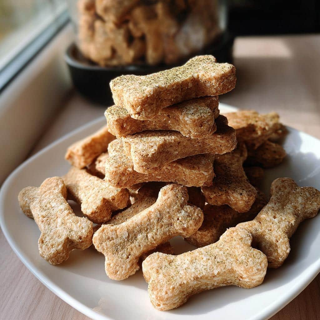 A stack of homemade bone-shaped Tasty Dog Treats With Simple Chicken Rice sprinkled with herbs on a white plate.