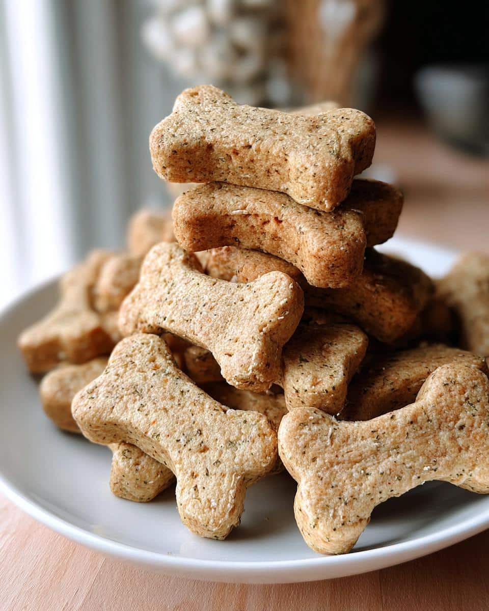 A close-up stack of homemade, bone-shaped Tasty Dog Treats With Simple Chicken Rice Bones on a white plate.