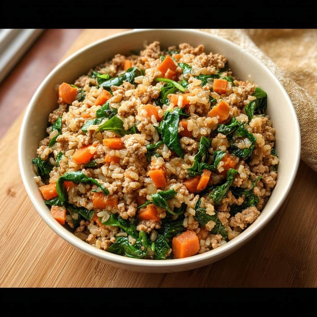 A close-up of a bowl filled with homemade Turkey and Brown Rice Farmer’s Dog Food Recipe, mixed with carrots and spinach.