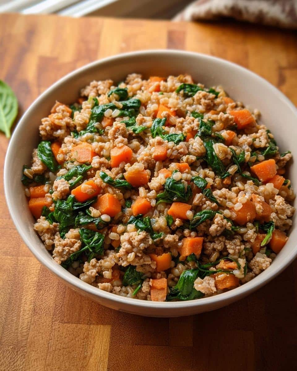A close-up of a bowl filled with the Turkey and Brown Rice Farmer’s Dog Food Recipe, featuring ground turkey, brown rice, diced carrots, and spinach.