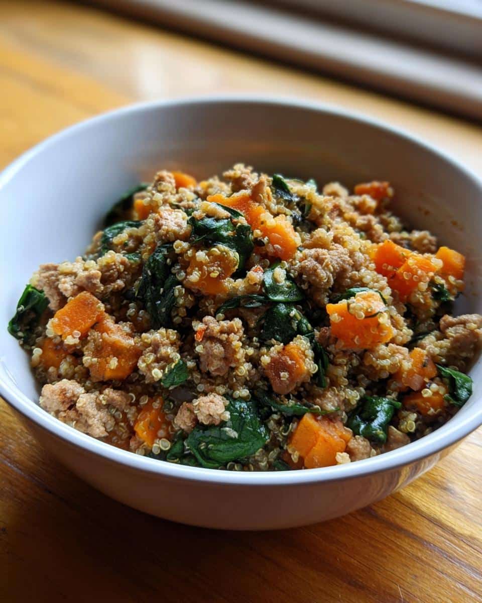 A white bowl filled with a healthy Turkey and Quinoa Bowl Dog recipe mix of ground turkey, orange sweet potato chunks, and dark green spinach.