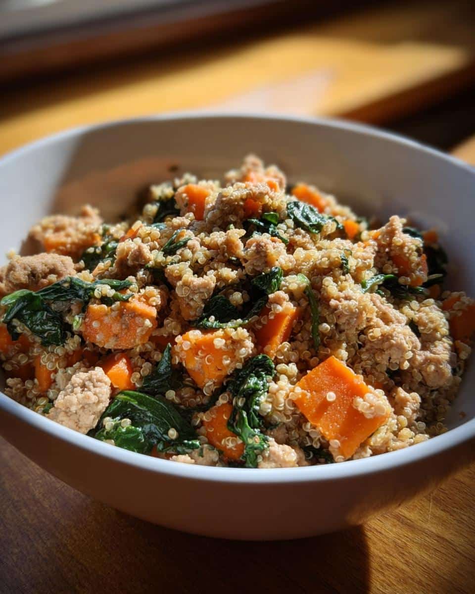 Close-up of a white bowl filled with the Turkey and Quinoa Bowl Dog recipe, showing ground turkey, orange sweet potato chunks, and dark green spinach.