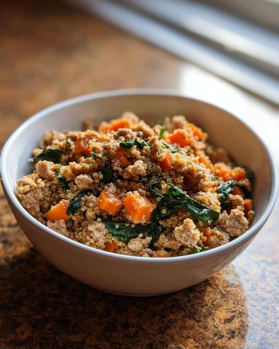 Close-up of a white bowl filled with the Turkey and Quinoa Bowl Dog recipe mixture, showing ground turkey, quinoa, sweet potato chunks, and spinach.
