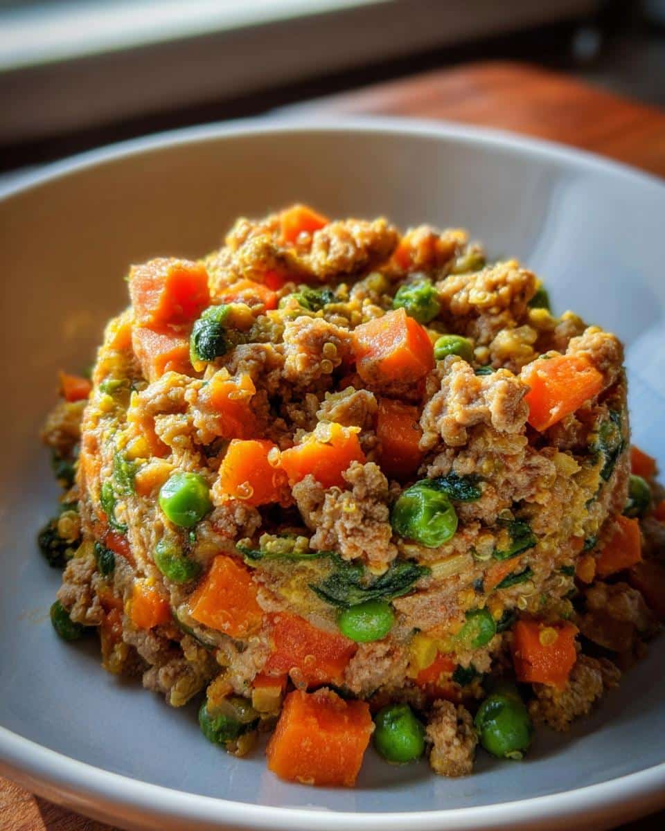 A molded serving of Turkey and Quinoa Farmer’s Dog Food Recipe with ground turkey, quinoa, carrots, and peas.