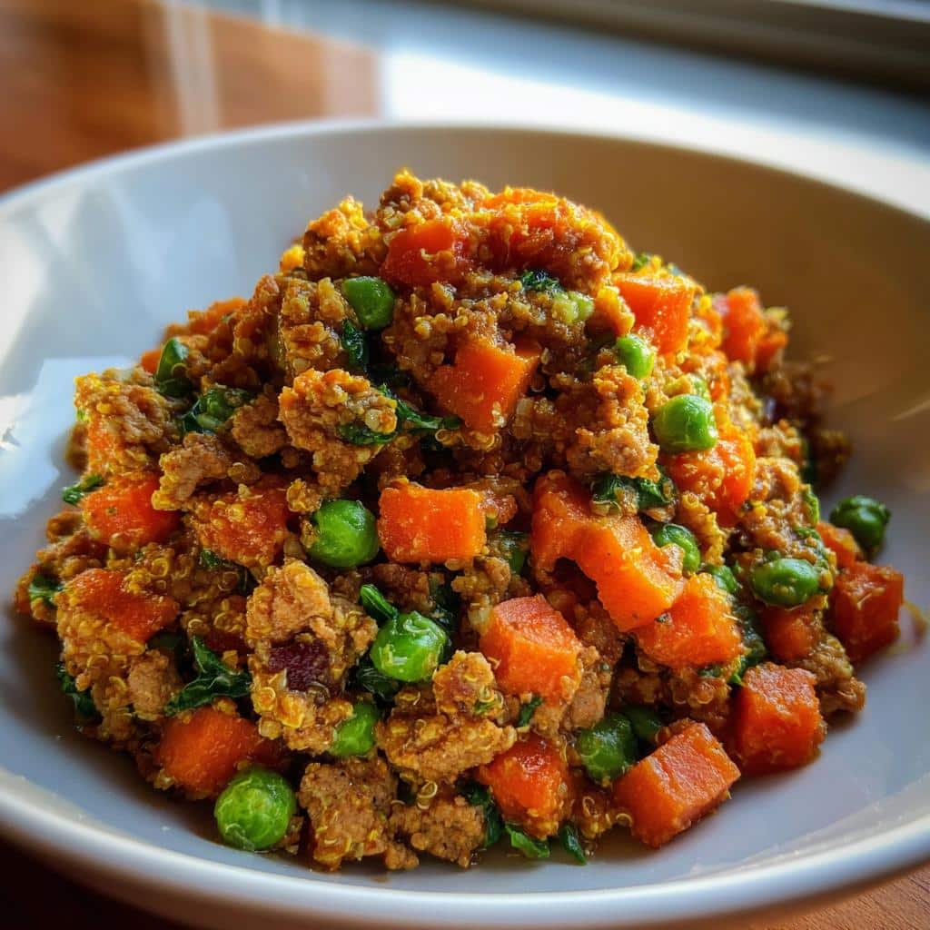 A close-up of a bowl filled with Turkey and Quinoa Farmer’s Dog Food Recipe, featuring ground turkey, diced sweet potatoes, and green peas.