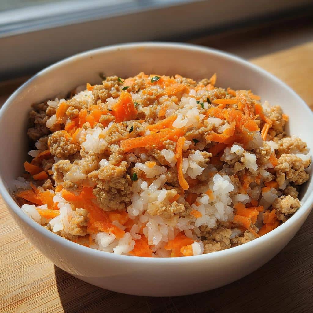 Close-up of a white bowl filled with Turkey and Rice Homemade Dog Food, featuring ground turkey, white rice, and shredded carrots.