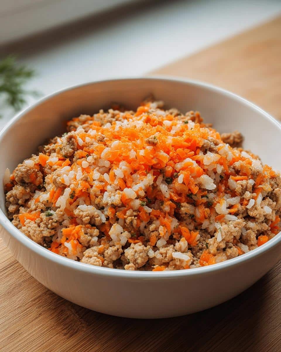 A white bowl filled with Turkey and Rice Homemade Dog Food, featuring ground turkey, white rice, and shredded carrots.