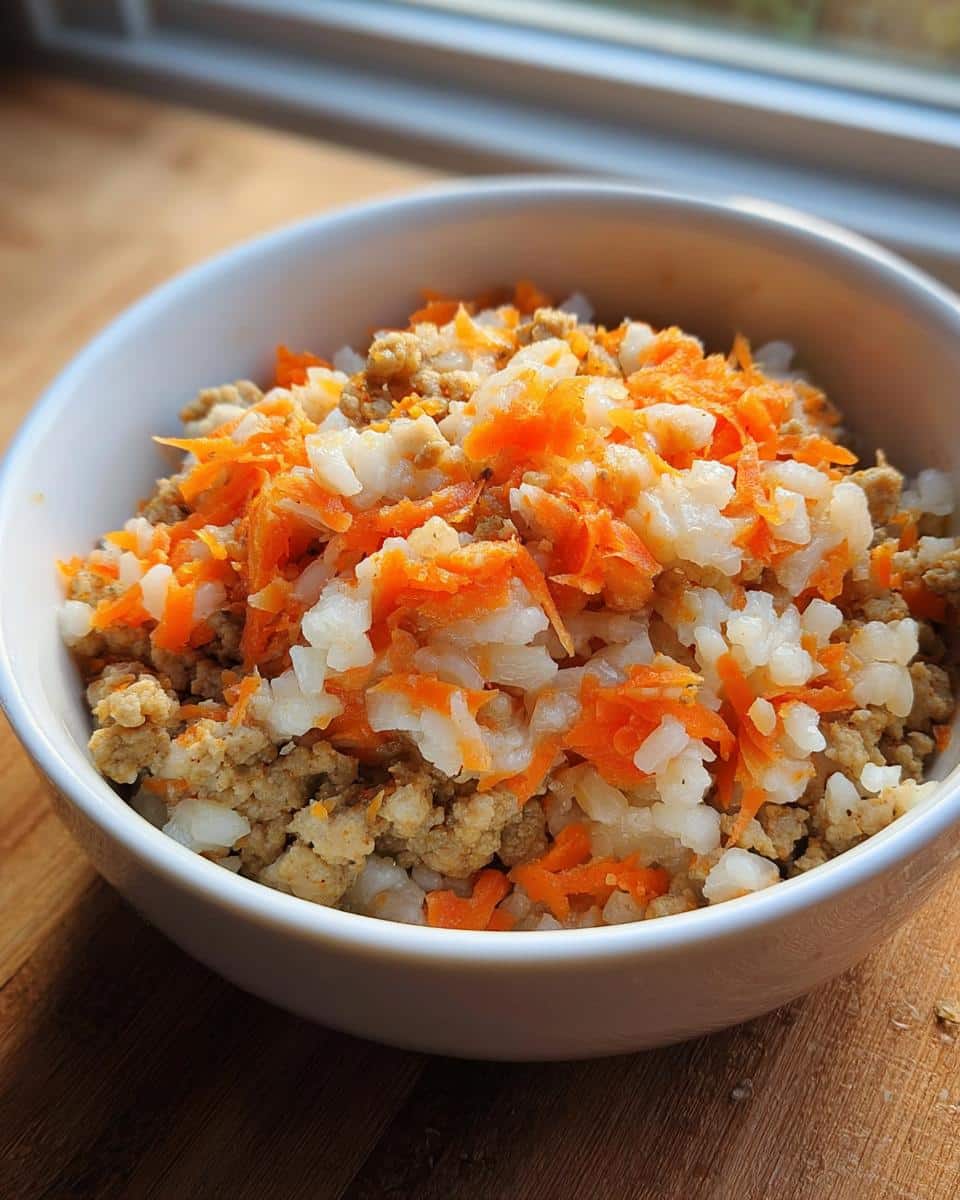 A white bowl filled with Turkey and Rice Homemade Dog Food, featuring ground turkey, white rice, and shredded carrots.