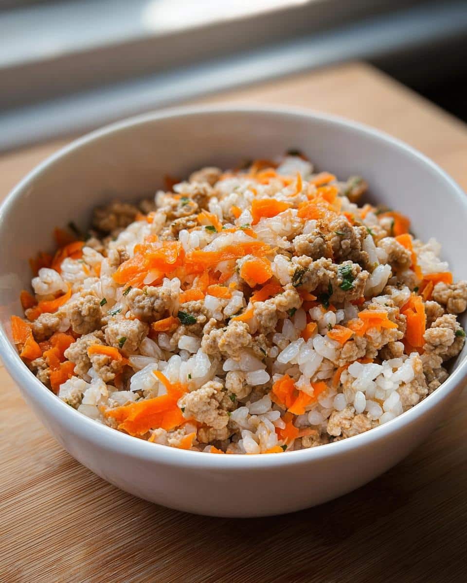 Close-up of a white bowl filled with Turkey and Rice Homemade Dog Food, featuring ground turkey, white rice, and shredded carrots.