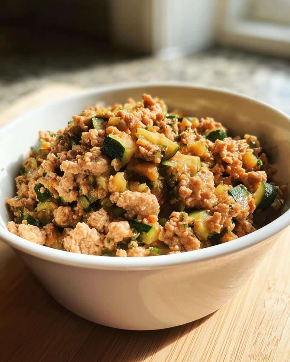 A white bowl filled with cooked ground turkey mixed with chopped zucchini, ready for large dogs.