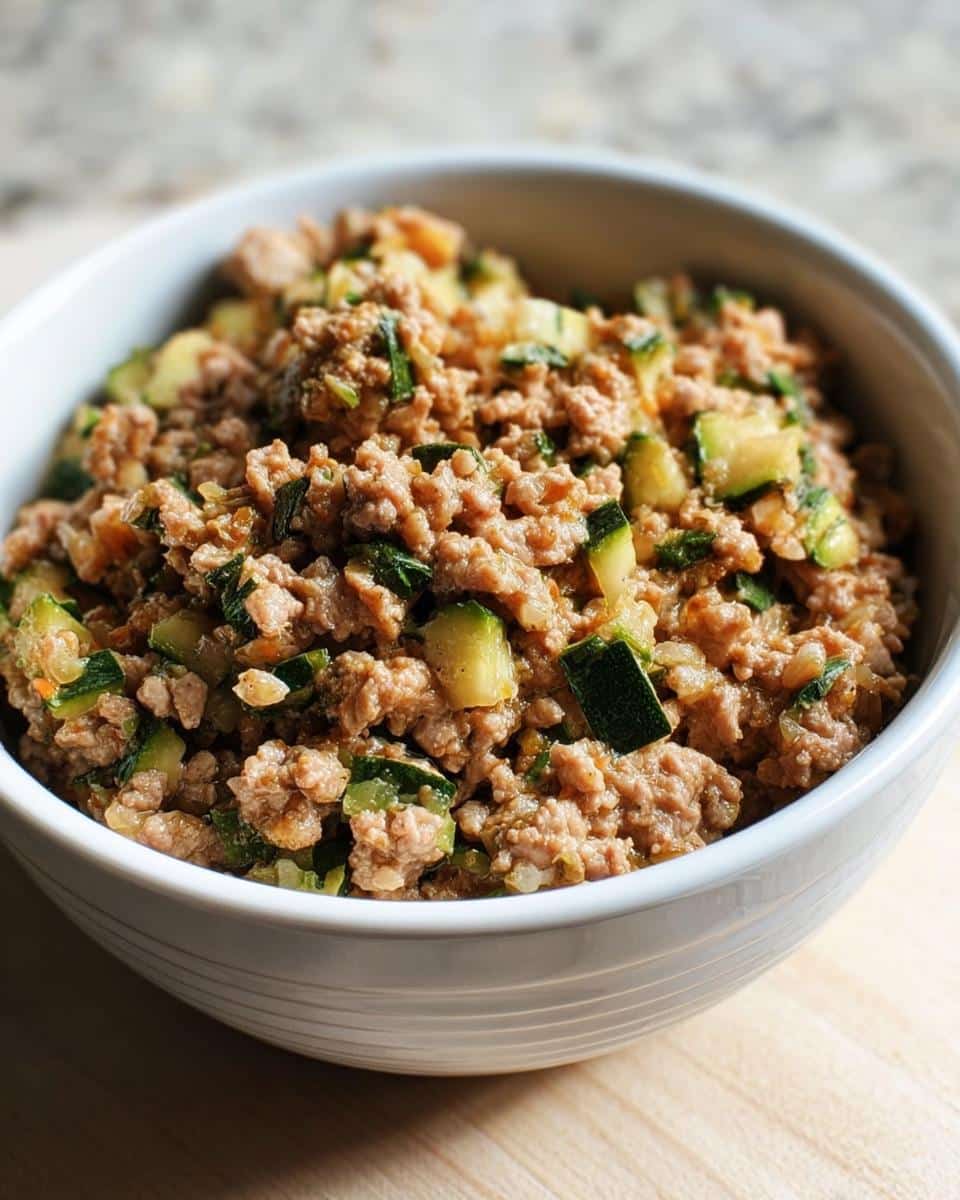 A white bowl filled with cooked ground turkey, diced zucchini, and barley mixture for Turkey, Barley & Zucchini Homemade Dog Food.