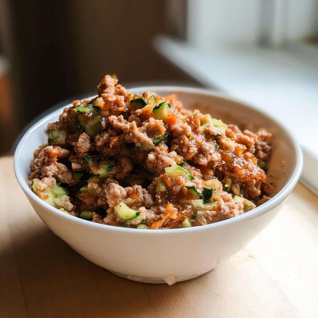 Close-up of homemade Turkey, Barley & Zucchini Mini-Batch Dog Food in a white bowl.