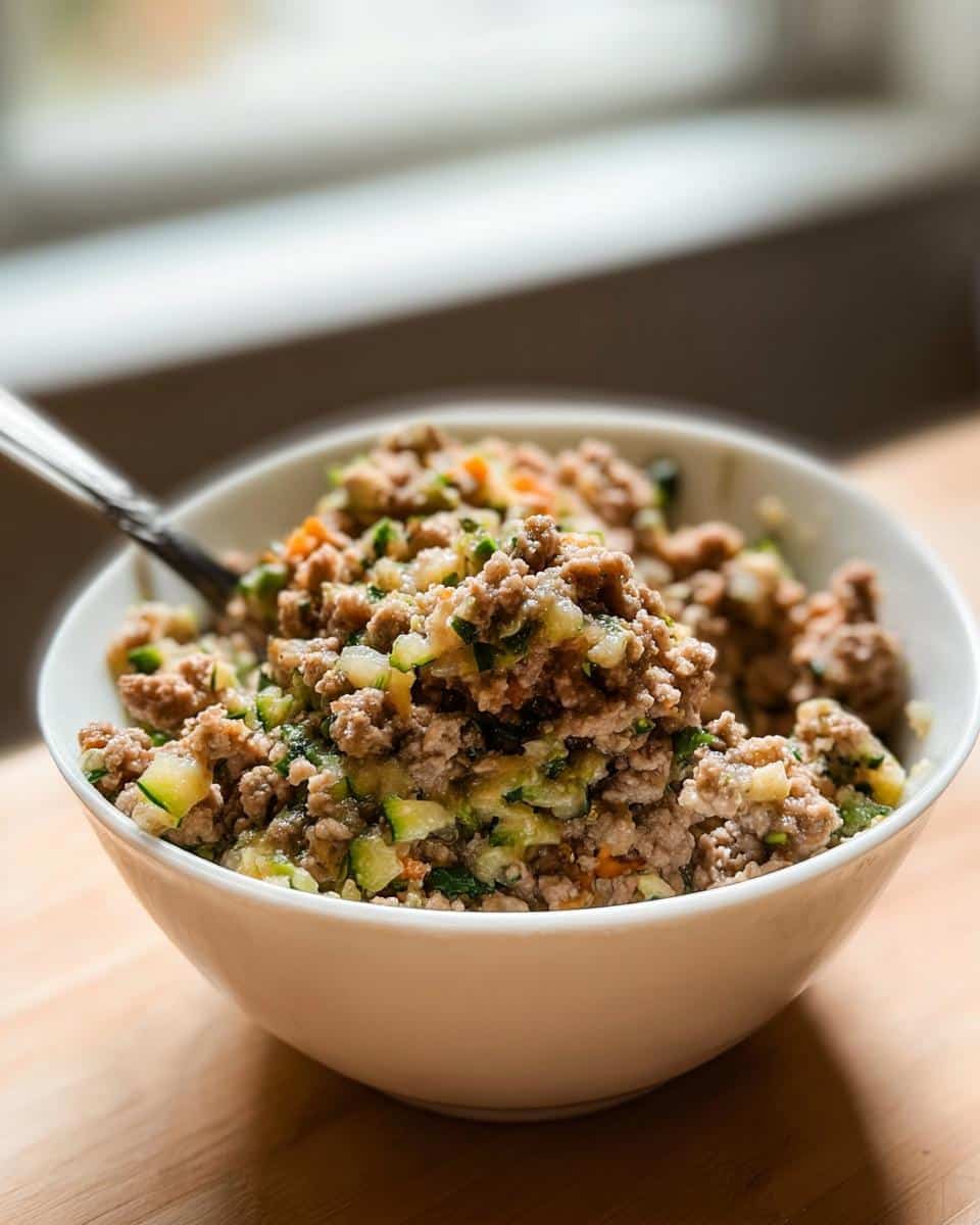 A white bowl filled with homemade Turkey, Barley & Zucchini Mini-Batch Dog Food, showing ground meat and chopped zucchini.