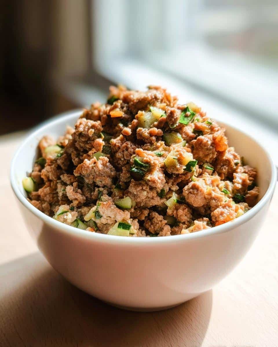 A white bowl filled with cooked ground turkey, barley, and chopped zucchini for Turkey, Barley & Zucchini Mini-Batch Dog Food.