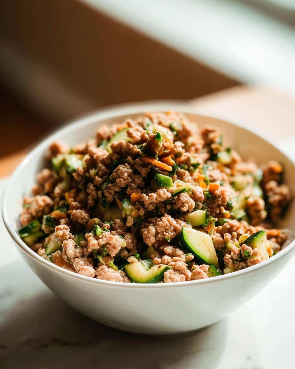 Close-up of cooked ground turkey mixed with sliced zucchini and carrots in a white bowl, representing Turkey, Barley & Zucchini Mini-Batch Dog Food.