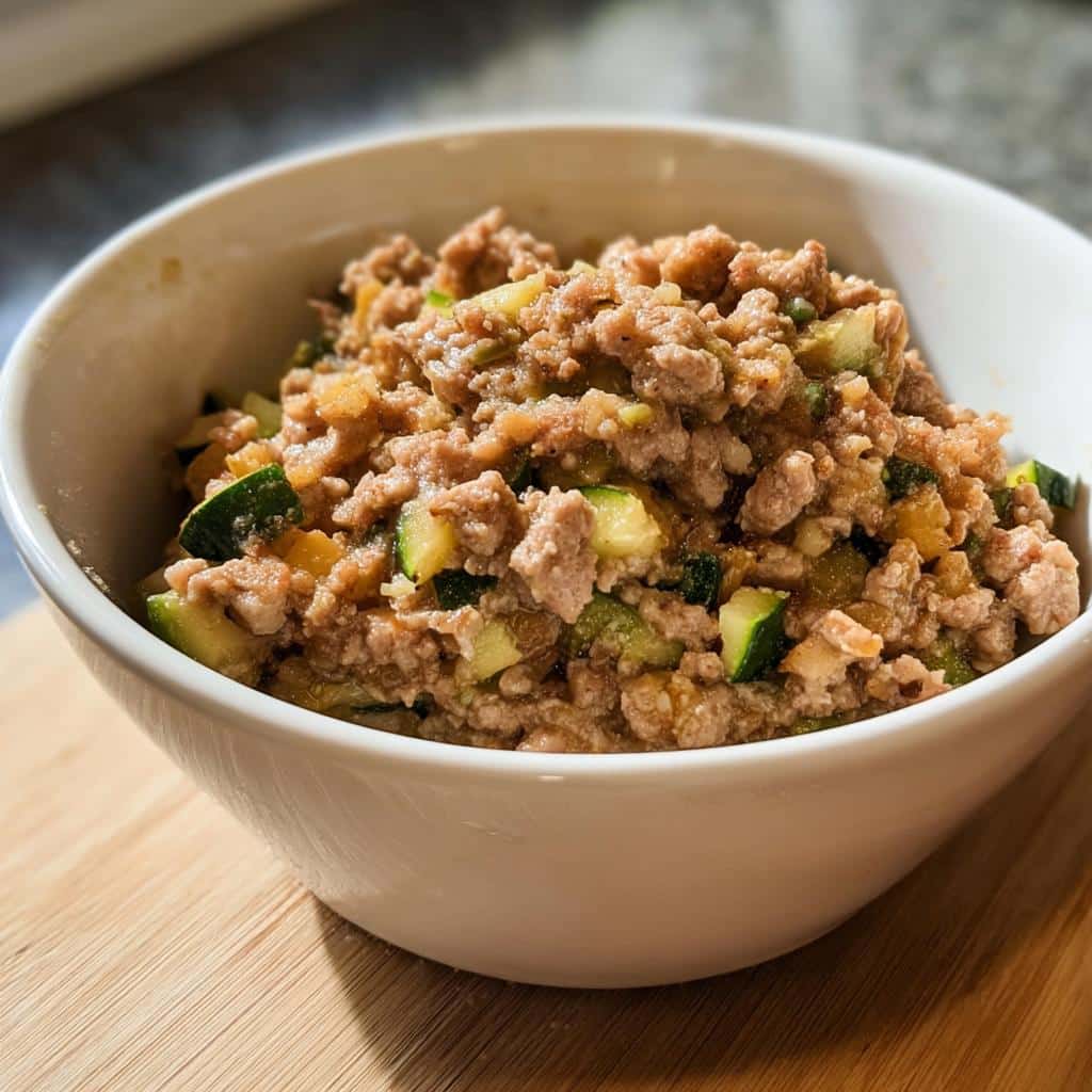 A white bowl filled with homemade Turkey, Barley & Zucchini Homemade Dog Food mixture.