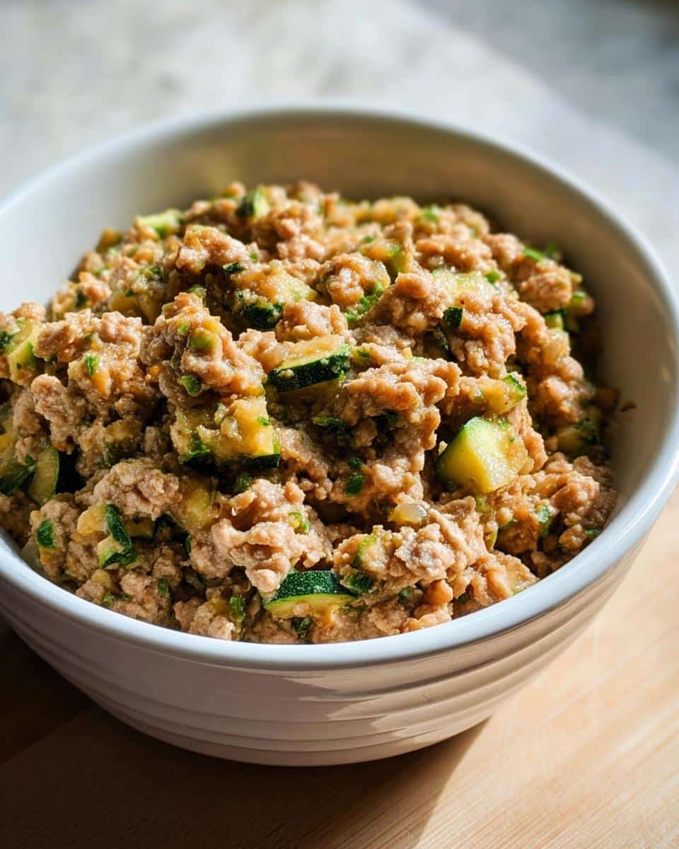 Close-up of a white bowl filled with Turkey, Barley & Zucchini Homemade Dog Food mixture.