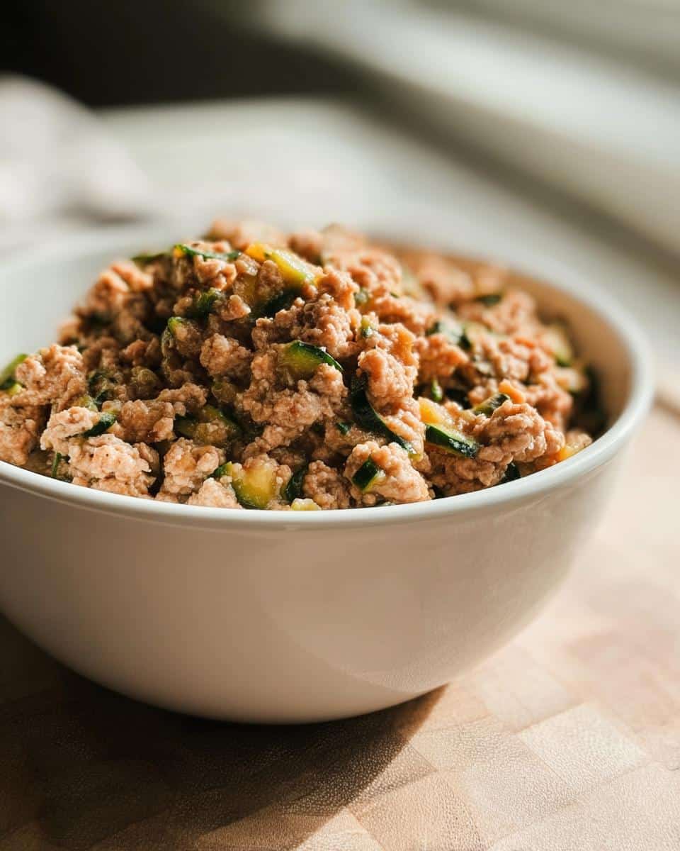Close-up of ground turkey mixed with chopped zucchini in a white bowl, part of the Turkey, Barley & Zucchini Homemade Dog Food recipe.