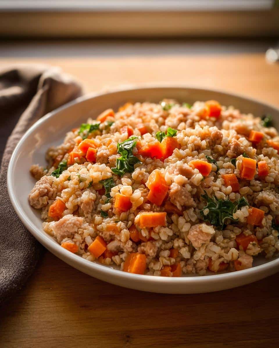 A bowl filled with Turkey, Brown Rice & Carrots Homemade Dog Food, featuring chunks of turkey, diced carrots, and green leafy vegetables.