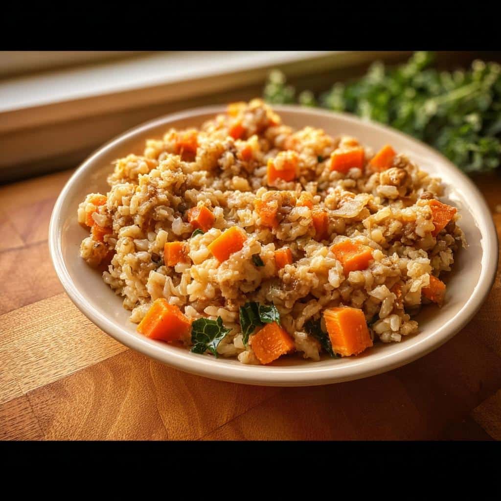 A bowl filled with homemade Turkey, Brown Rice & Carrots Homemade Dog Food, featuring brown rice, diced carrots, and greens.