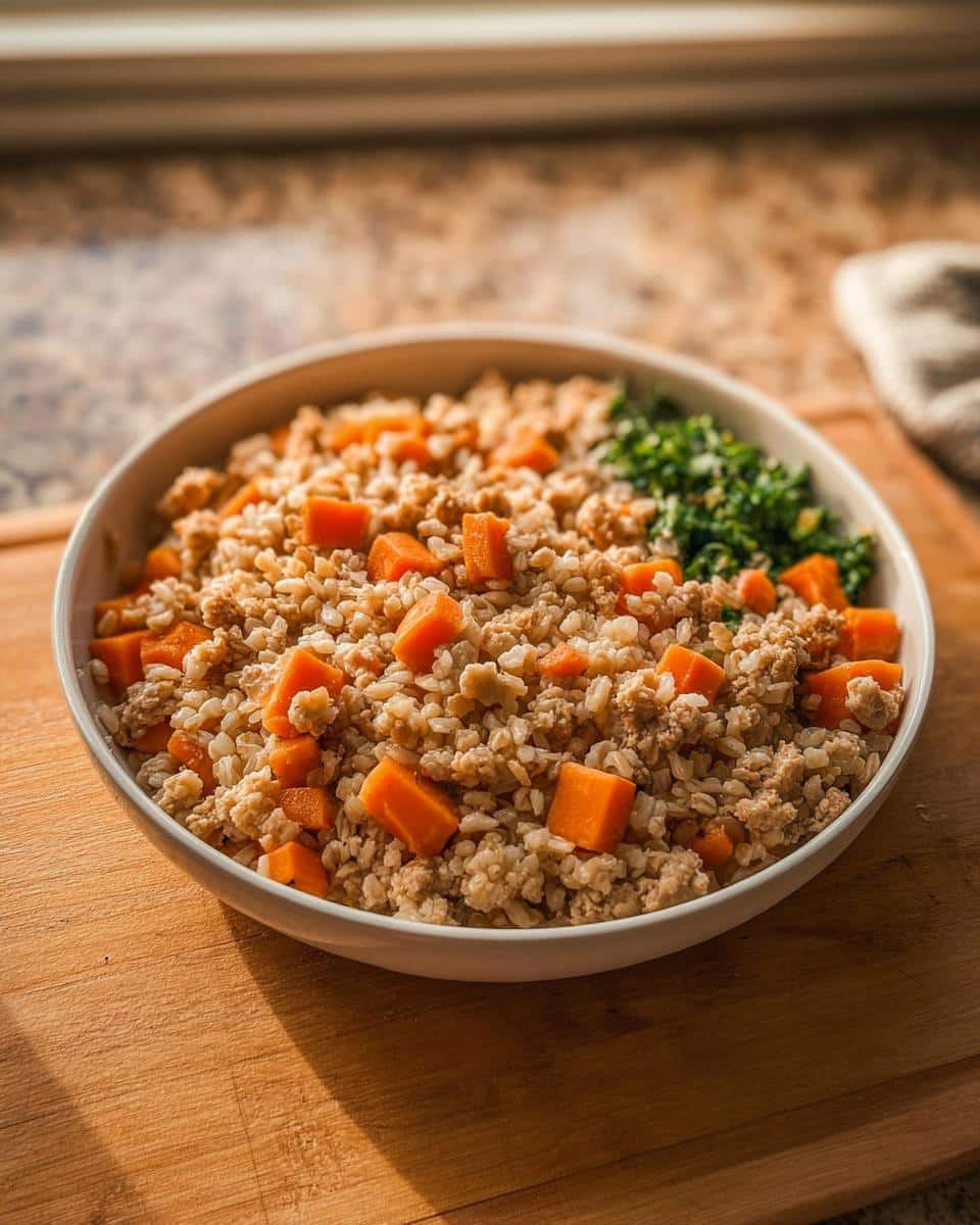 A white bowl filled with homemade Turkey, Brown Rice & Carrots Dog Food, topped with diced carrots and greens.