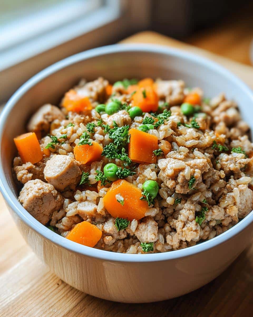 Close-up of homemade Turkey, Brown Rice & Broccoli Dog Food mixed with carrots and peas in a light bowl.