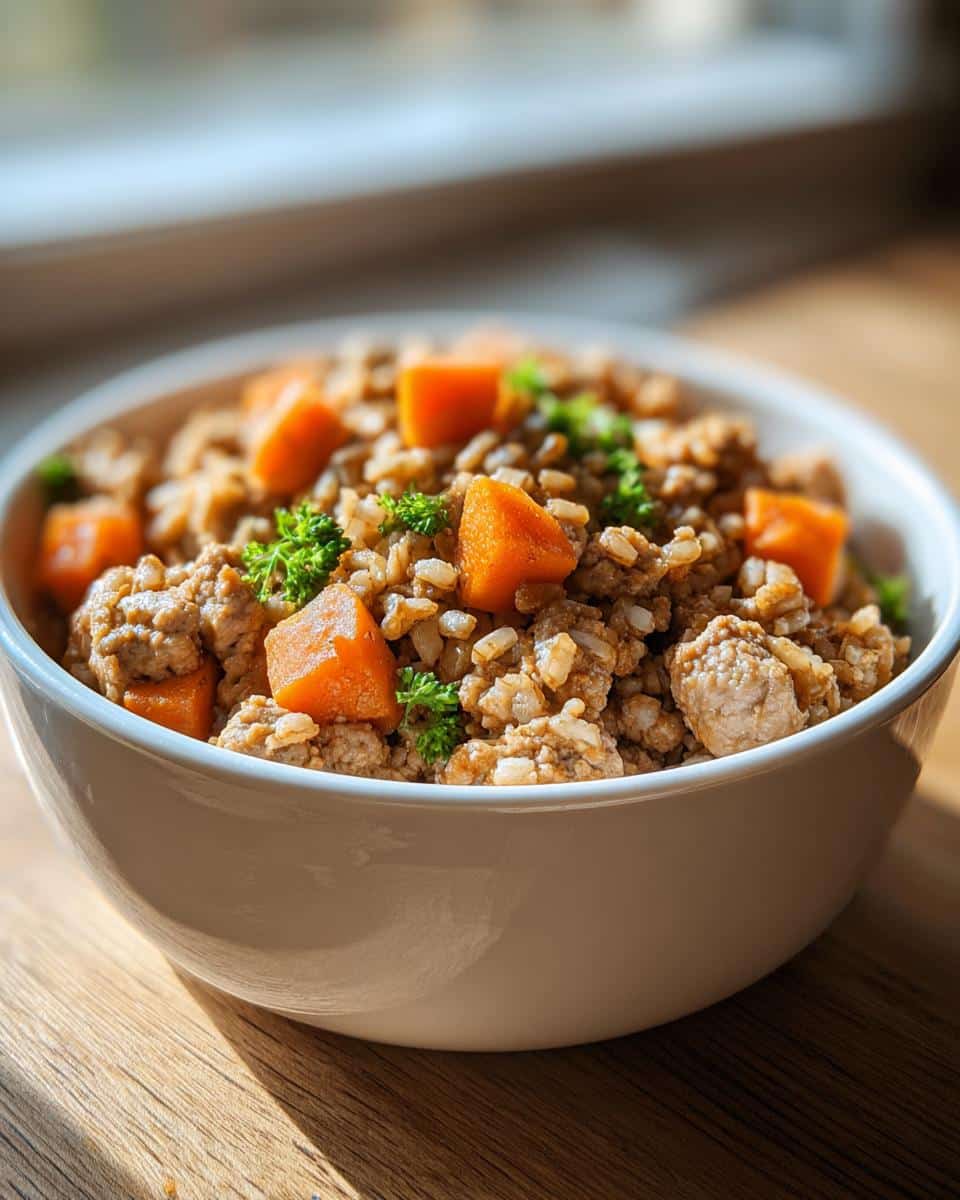 Close-up of homemade Turkey, Brown Rice & Broccoli Homemade Dog Food in a white bowl.