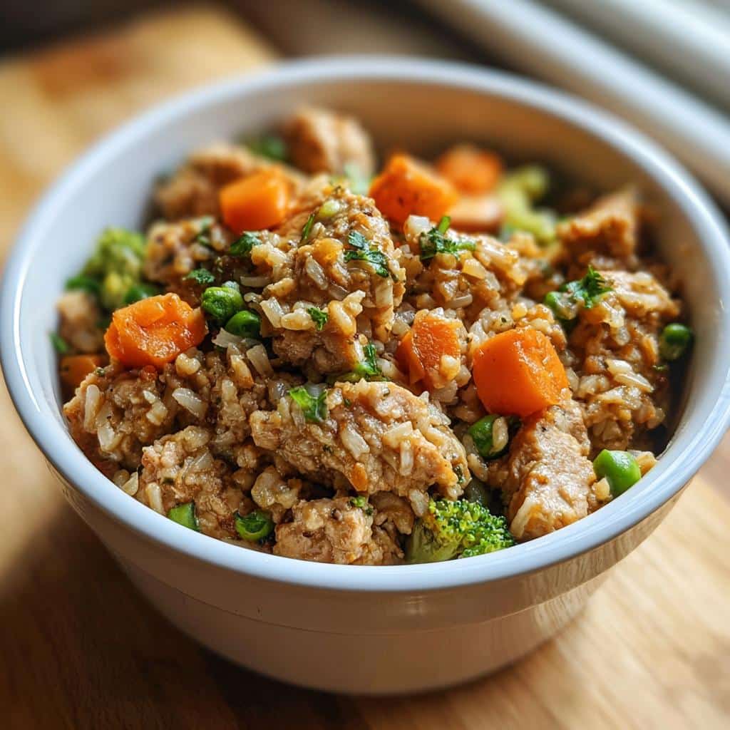 Close-up of a white bowl filled with homemade Turkey, Brown Rice & Broccoli Dog Food, featuring chunks of turkey, brown rice, carrots, and peas.