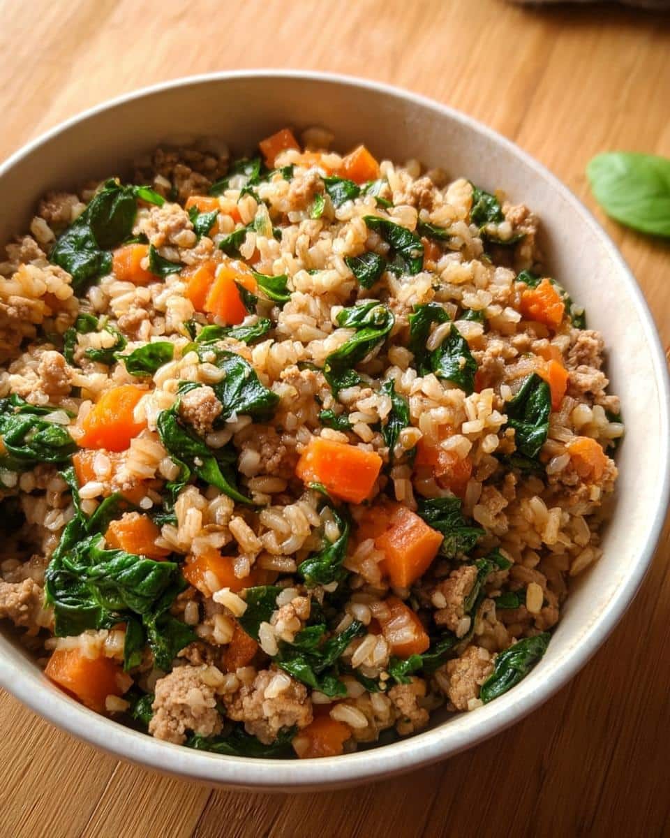 A bowl filled with homemade Turkey and Brown Rice Farmer’s Dog Food Recipe, showing ground turkey, brown rice, carrots, and spinach.