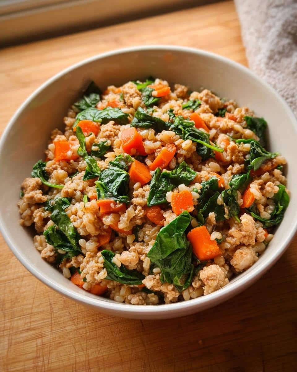 A white bowl filled with Turkey and Brown Rice Farmer’s Dog Food Recipe, mixed with carrots and spinach.
