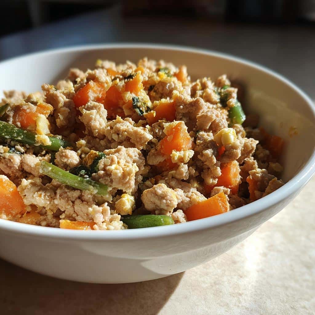 Close-up of homemade Turkey, Oatmeal & Pumpkin Mini-Batch Dog Food mixture in a white bowl.